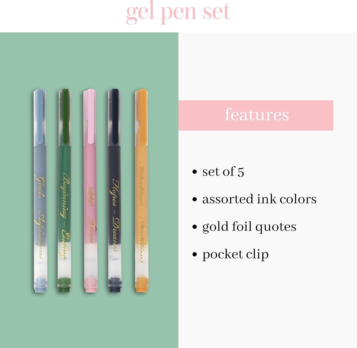 image:imagekate spade new york Gel Pen Set of 5 Inspirational Quote Pens with Colorful Ink Gold Foil Details Assorted Colors Goal Aspirations