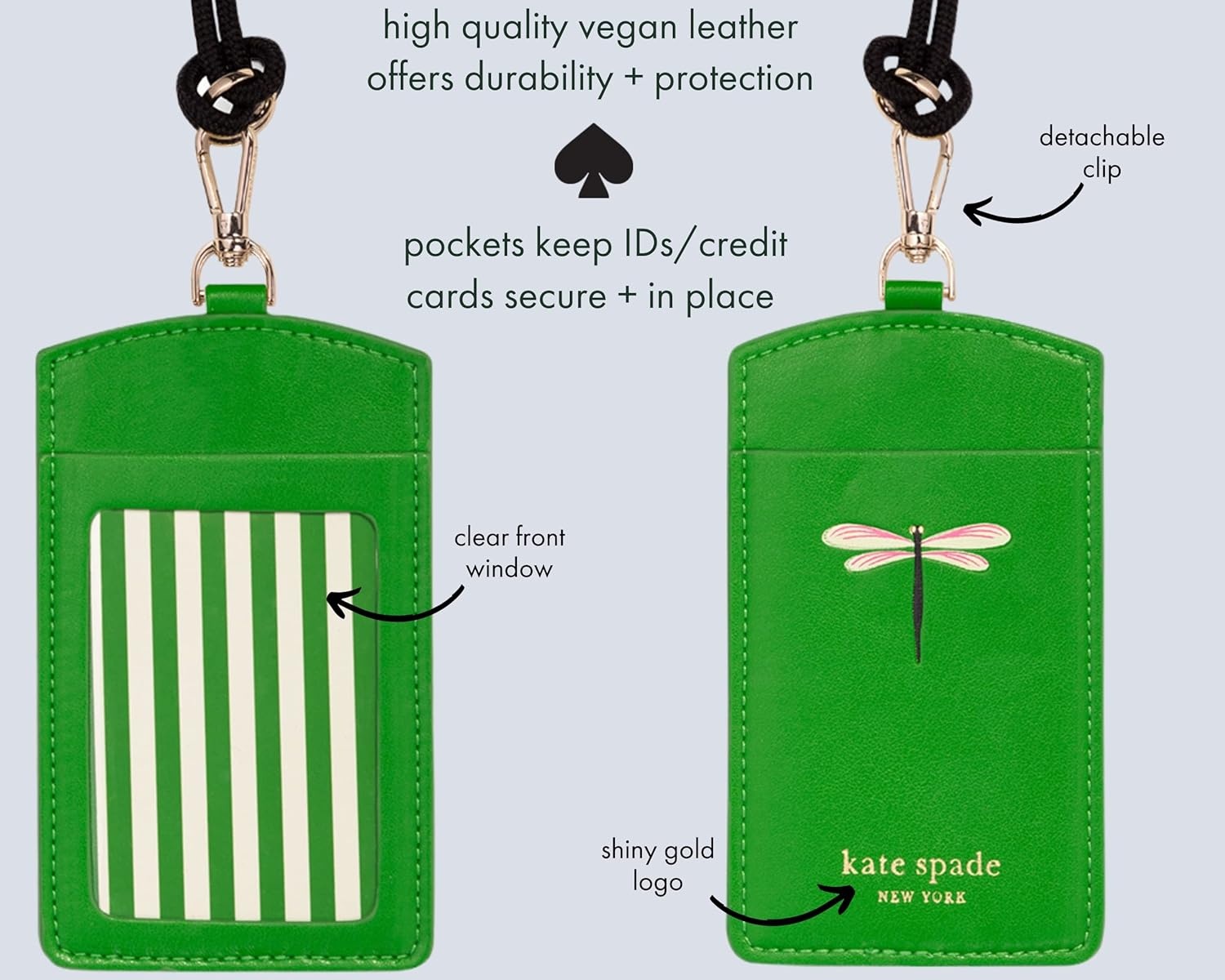 image:imageKate Spade New York ID Badge Holder with Lanyard Vegan Leather Slim Card Wallet Name Tag Case for Work School or Travel Gold Dot with ScriptDragonfly Flight