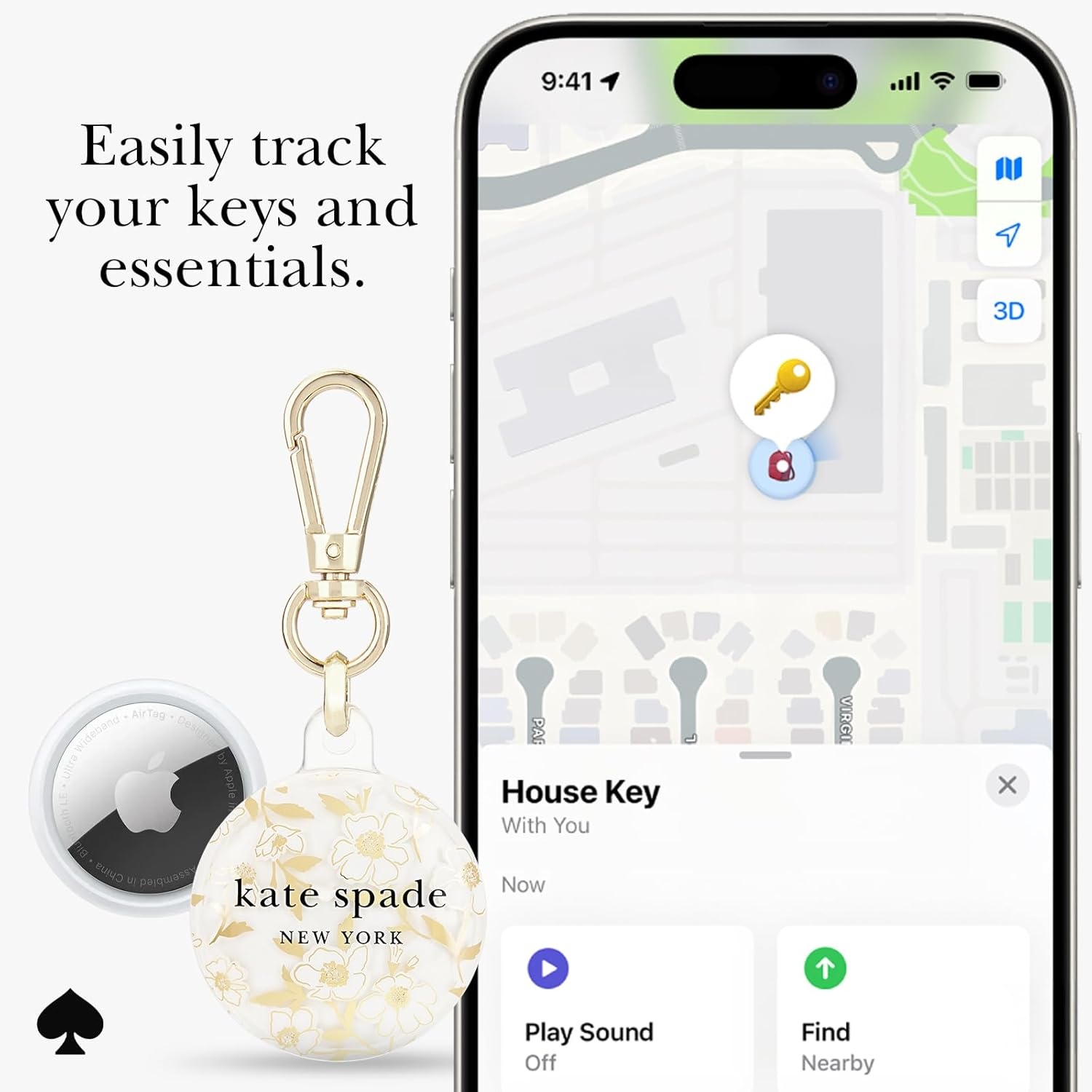image:imagekate spade new york AirTag Holder with Gold Ring Clip  Protective Case for Apple AirTag  Hollyhock CreamSunshine Floral