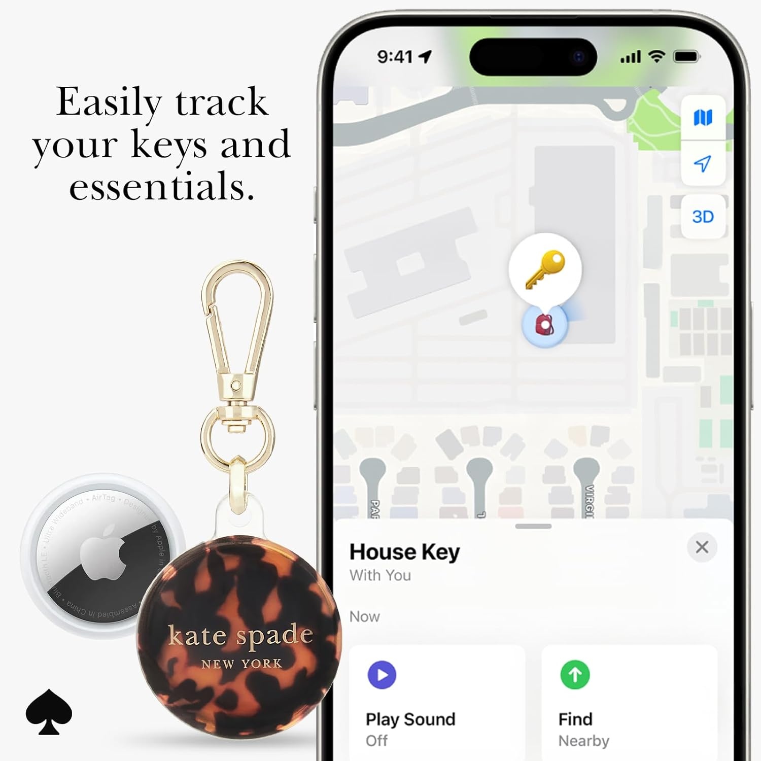image:imagekate spade new york AirTag Holder with Gold Ring Clip  Protective Case for Apple AirTag  Hollyhock CreamTortoiseshell