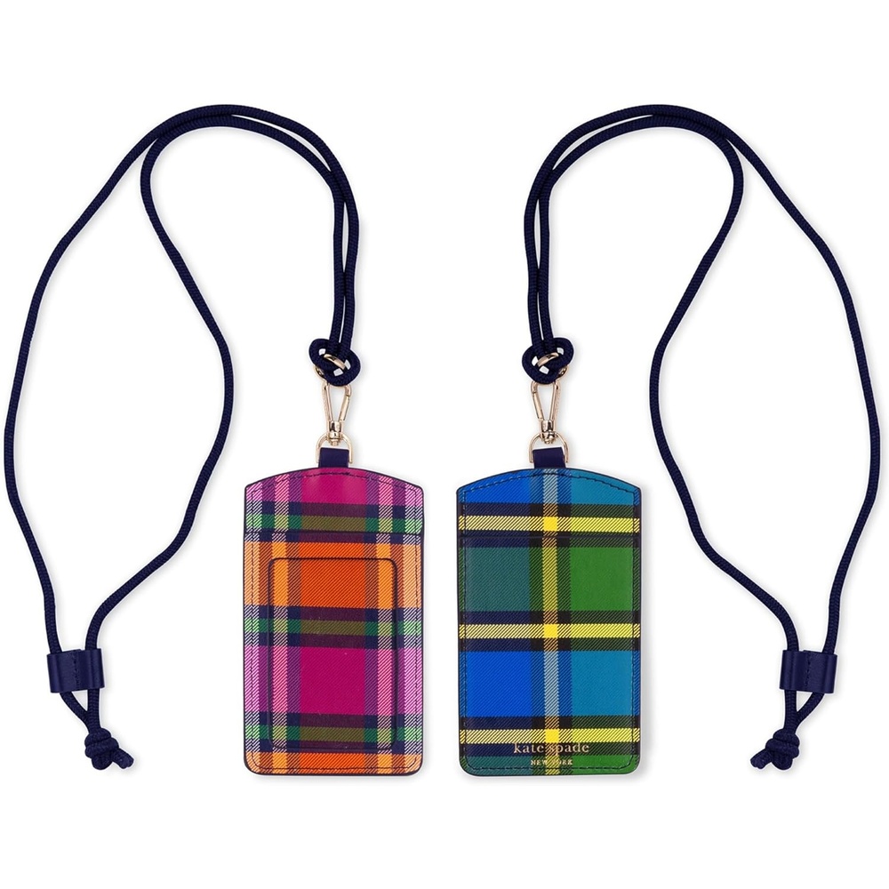 image:imageKate Spade New York ID Badge Holder with Lanyard Vegan Leather Slim Card Wallet Name Tag Case for Work School or Travel Gold Dot with ScriptGrand Plaid Duo