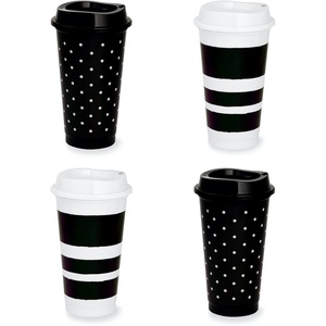 image:imagekate spade new york BlackWhite Reusable Coffee Cups with Lids Travel Tumbler Set of 4 16oz BPAFree Plastic Cups with Lids Coffee Mugs for Hot or Cold Drinks Dots and StripesDots and Stripes