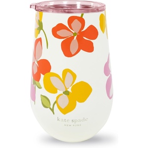 image:imagekate spade new york Insulated Stainless Steel Wine Tumbler 16 Ounce Double Wall Tumbler Floral Stemless Travel Cup with Lid Hidden GardenSpring Pansies