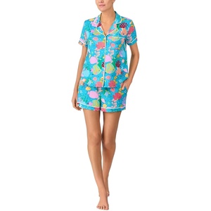 image:imagekate spade new york Short Sleeve Brushed Jersey Notch Boxer Pajama SetAqua Print