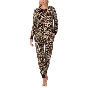 image:imagekate spade new york Womens 2Piece Long Sleeve Crew Neck Top amp Jogger Pants Pajama Lounge Set Velour Drawstring WaistClassic Leopard