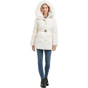 image:imagekate spade new york Womens Belted Short Down Puffer Jacket With Removable Faux Fur TrimCream