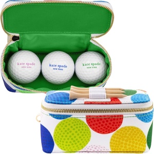 image:imageKate Spade New York Womens Golf Set  3 Wooden Tees amp 3 Balls With Zipper Pouch Gold Clasp Secures to Bag Golfball Pattern Mini