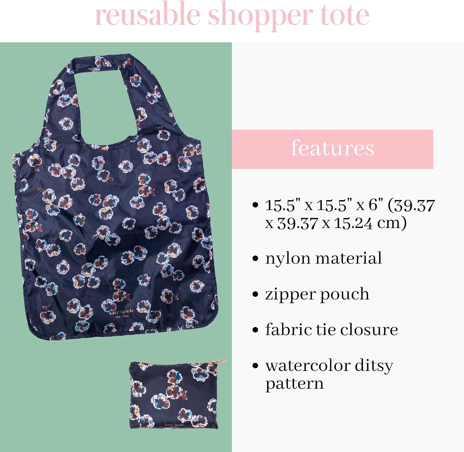 image:imagekate spade new york Reusable Produce Bags Shopping Tote with Zipper Storage Pouch Lightweight Foldable Grocery BagWatercolor Ditsy